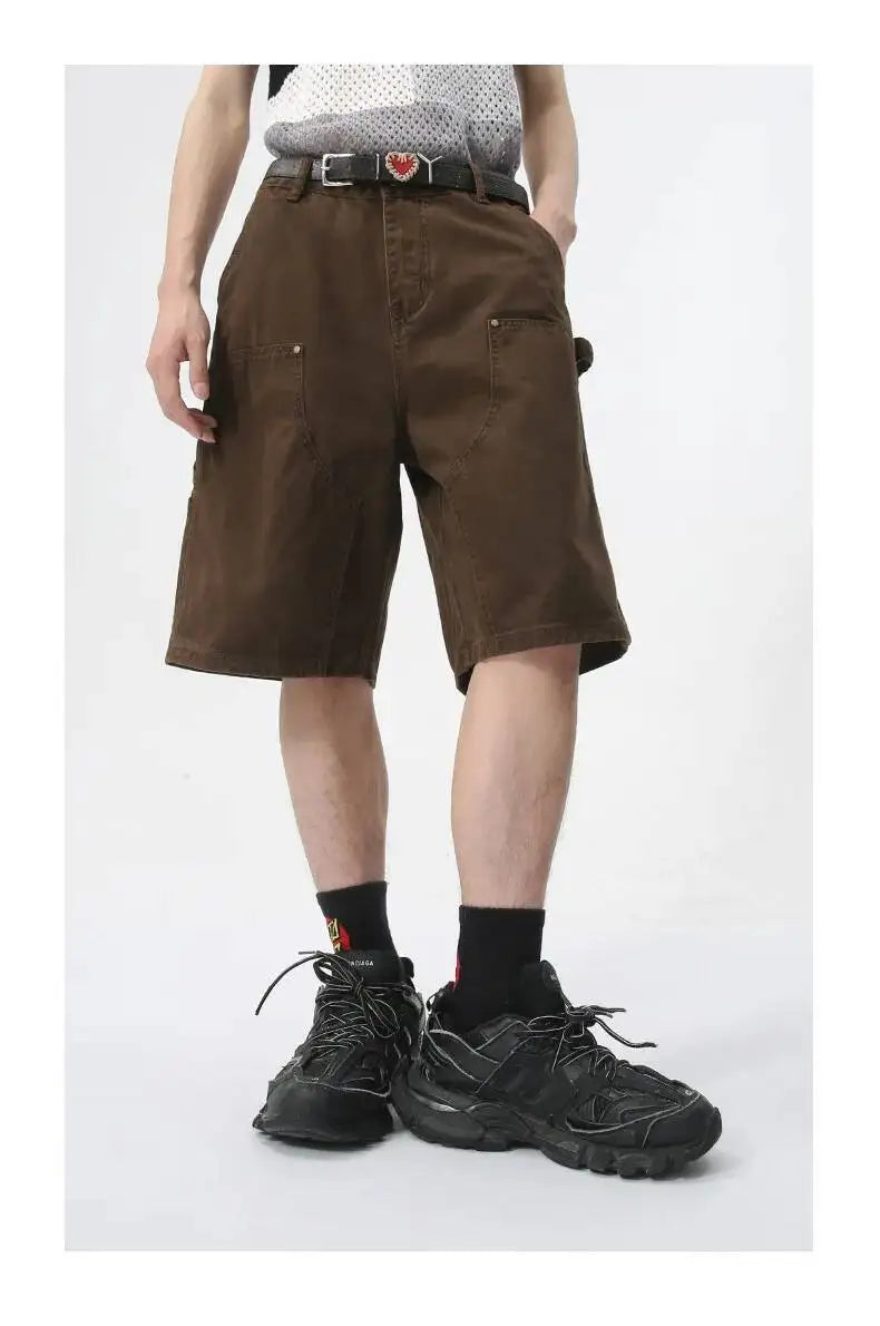 IEFB Men's Wear Knee Length Denim Shorts Summer New Multi Pocket Loose Jeans Solid Color Japanese Style Male Overalls 9C6027