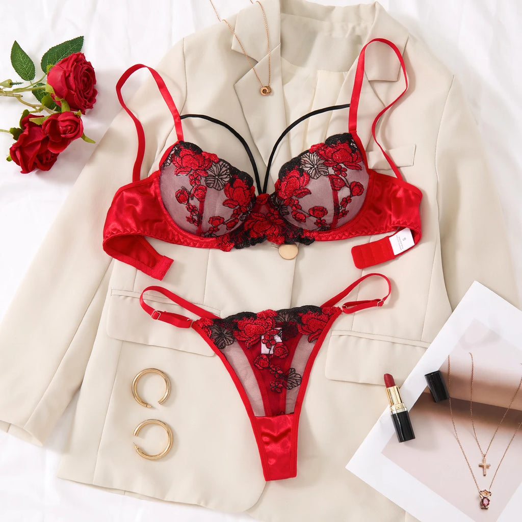 Red Rose Embroidered Bra & Brief Set