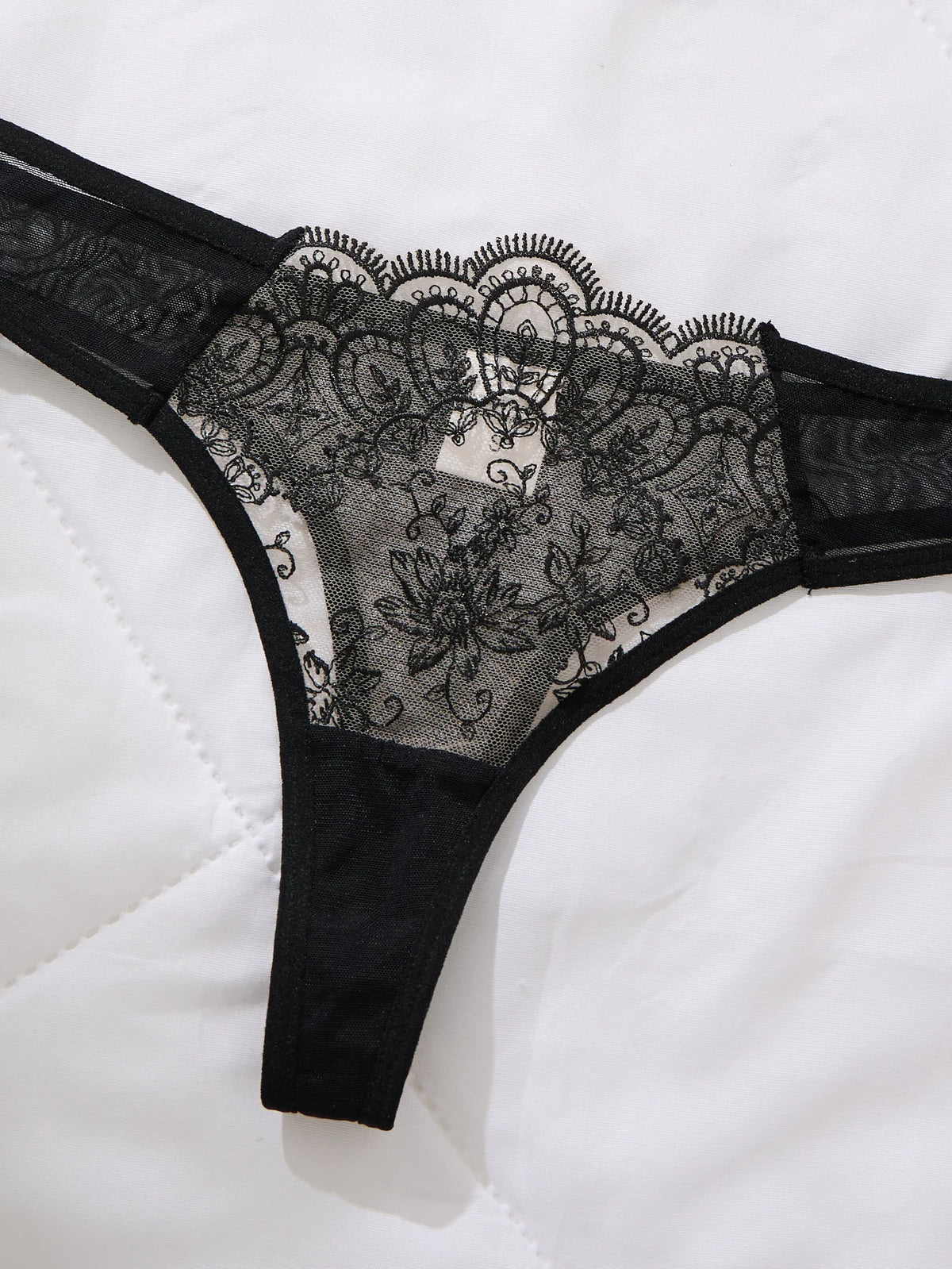 Black Floral Embroidered 3-Piece Garter Lingerie Set