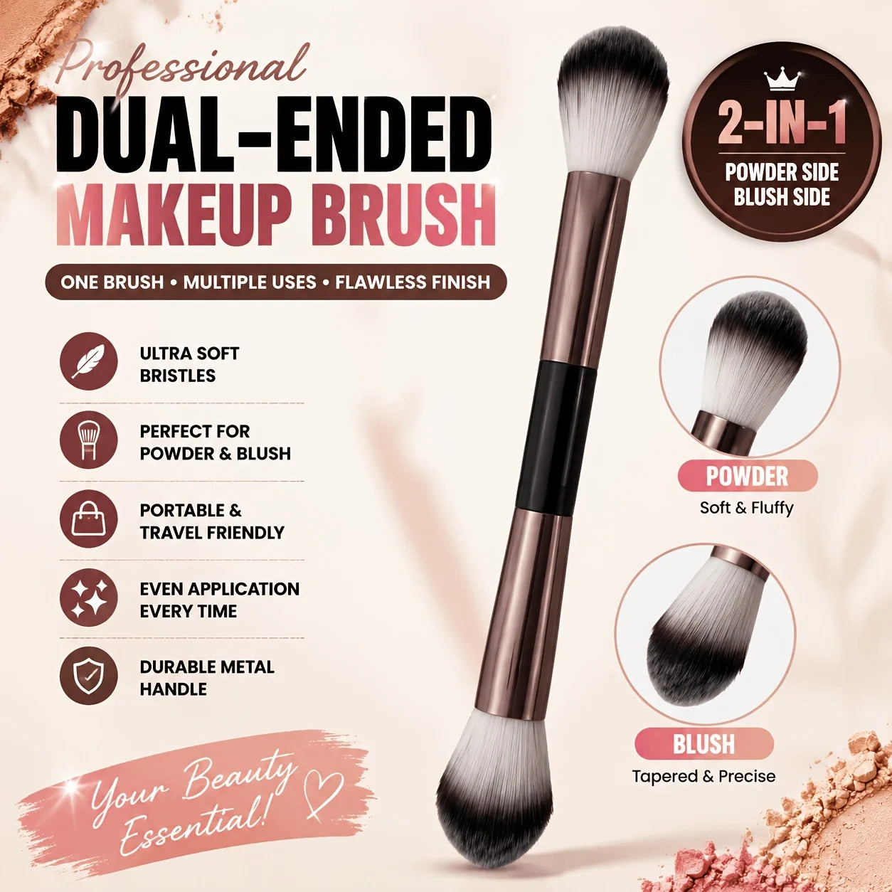 Makeup Brush, Powder Brush, Blush Brush, Loose Powder Brush, Exquisite Professional Metal Handle, Double-head Design, with Box