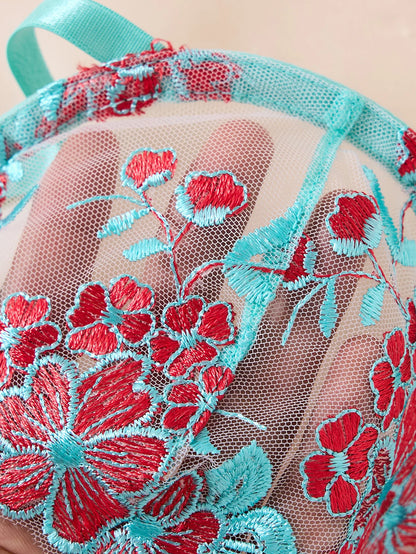 Women's Sheer Floral Embroidered Bra & Brief Set