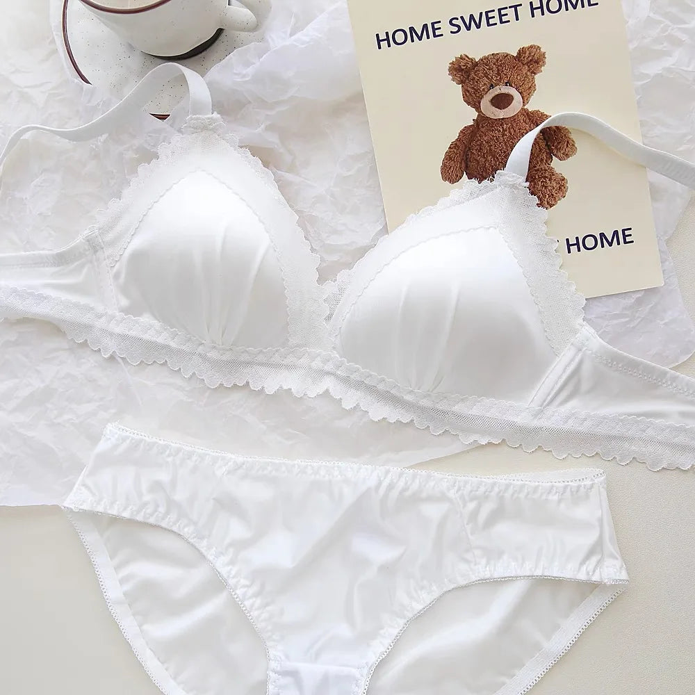 Sexy Lace Bra Set Teenage Thin Section Underwear Female Satin Lace Sweet Pure Desire Gathered Anti-Sagging Triangle Cup Bra