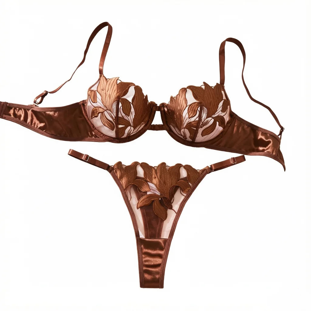 Coffee Floral Embroidered Bra & Thong Set