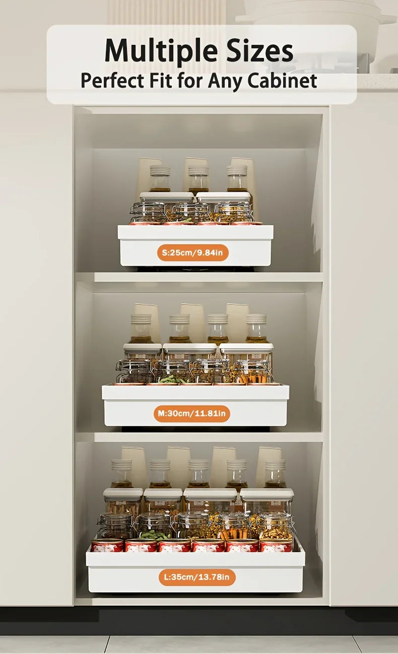 No-Drill Magic Tray Heavy-duty slide-out organizer for cabinets/sinks. Easy install, huge space saver! Perfect for tiny homes