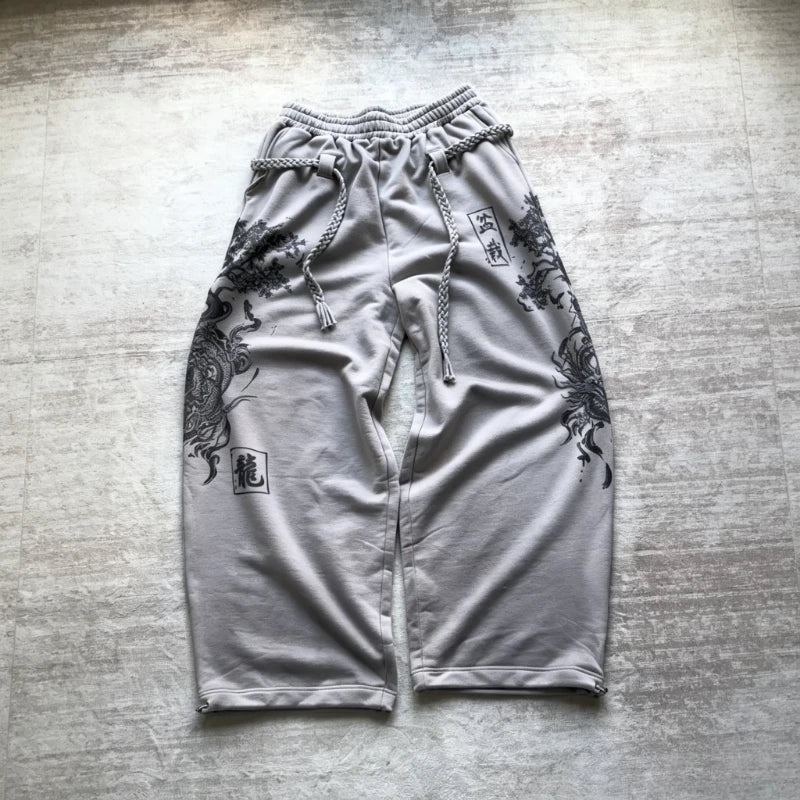 Y2K Retro Sweatpants Dragon Elm Bonsai Grunge Wash Braided Rope Belt Pants Grey Trend Chinese Streetwear Unisex Baggy Trousers