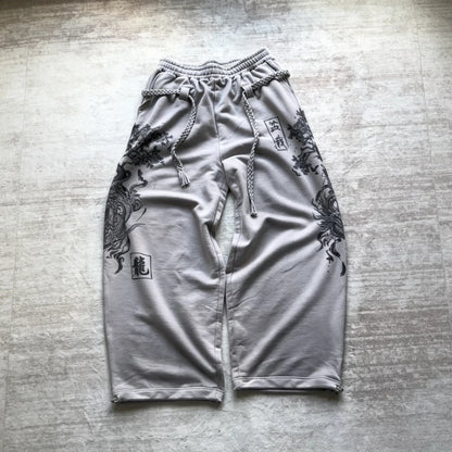 Y2K Retro Sweatpants Dragon Elm Bonsai Grunge Wash Braided Rope Belt Pants Grey Trend Chinese Streetwear Unisex Baggy Trousers