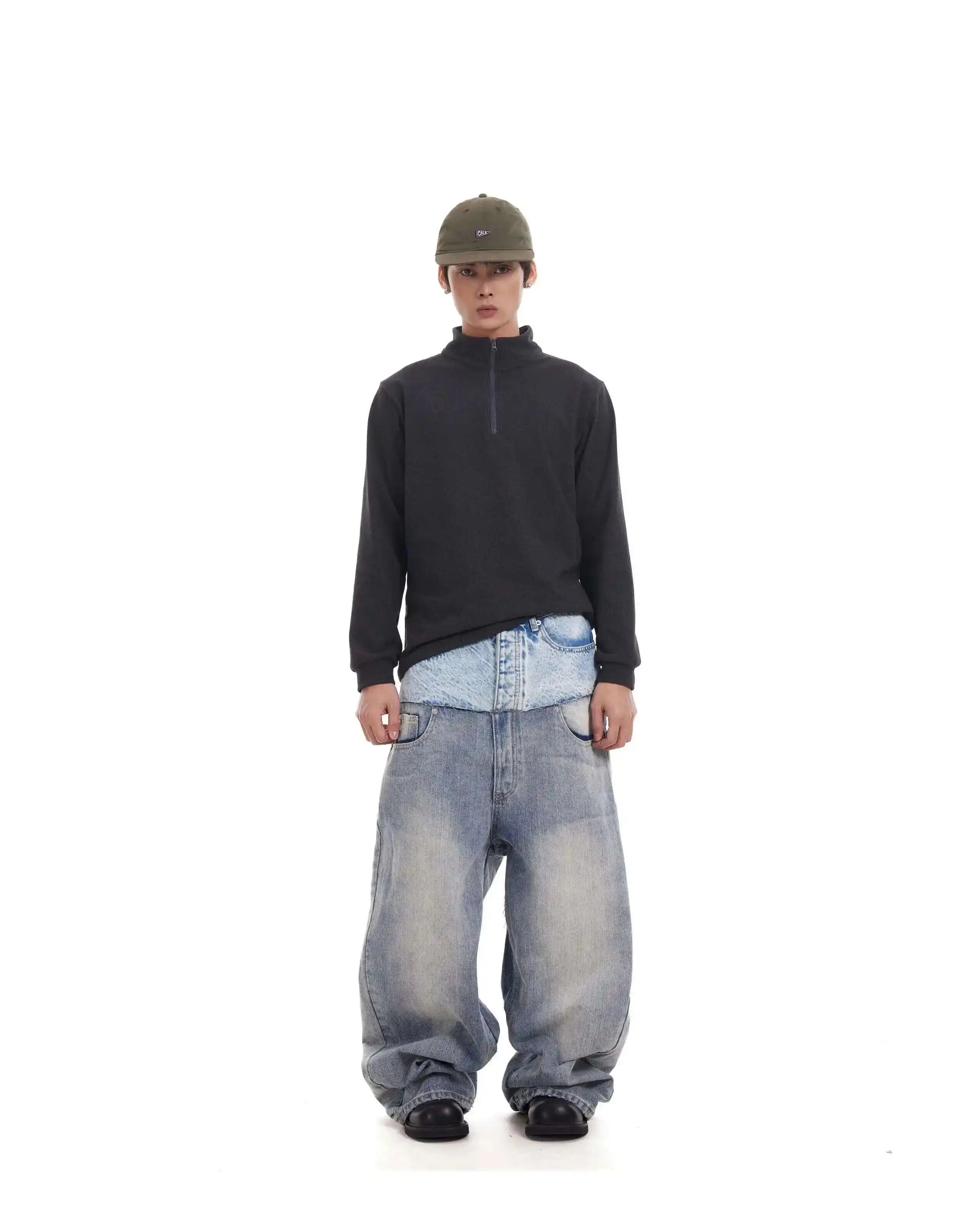 PFNW Niche Colorblock Patchwork Wide Leg Blue Jeans Men's Spring 2025 New Straight Double Waist Design Denim Trousers 28W6048