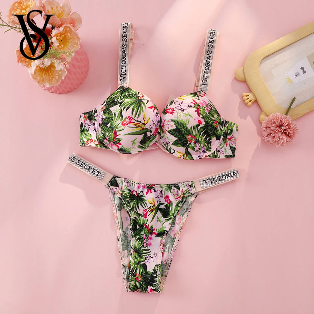 Victoria Secret Hot Sexy Lingerie Set Very Sexy Logo Shine Strap Tropical Floral Push Up Bra Shine Script Thong Panty