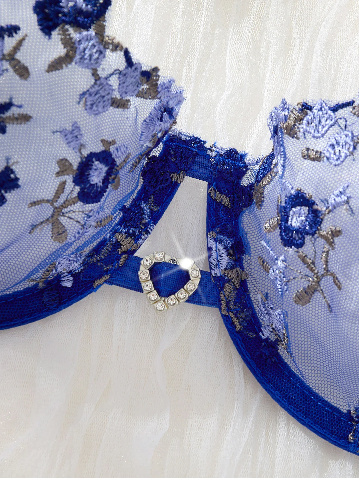 Blue Floral Embroidered Underwire Bra & Thong Set