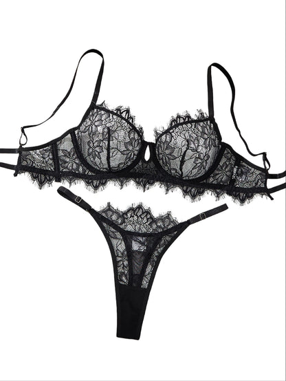 Women's Black Floral Lace Bra & Brief Set