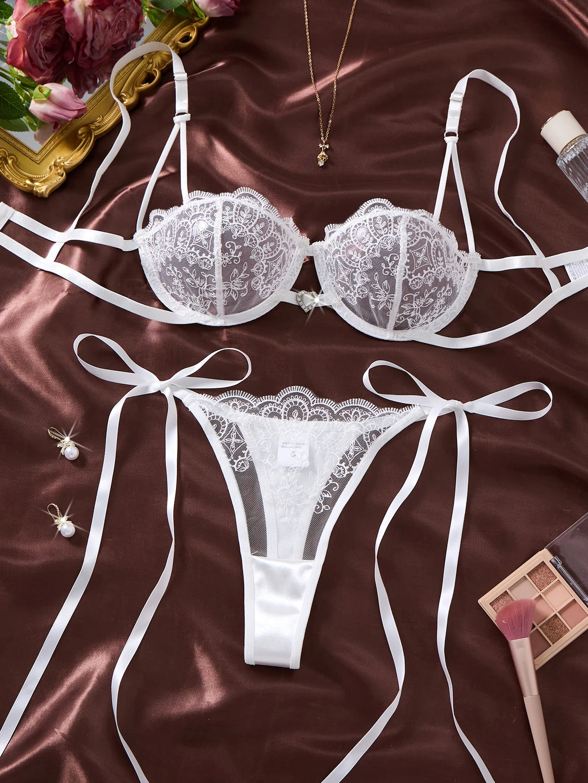 White Floral Embroidered Mesh Bra & Thong Set