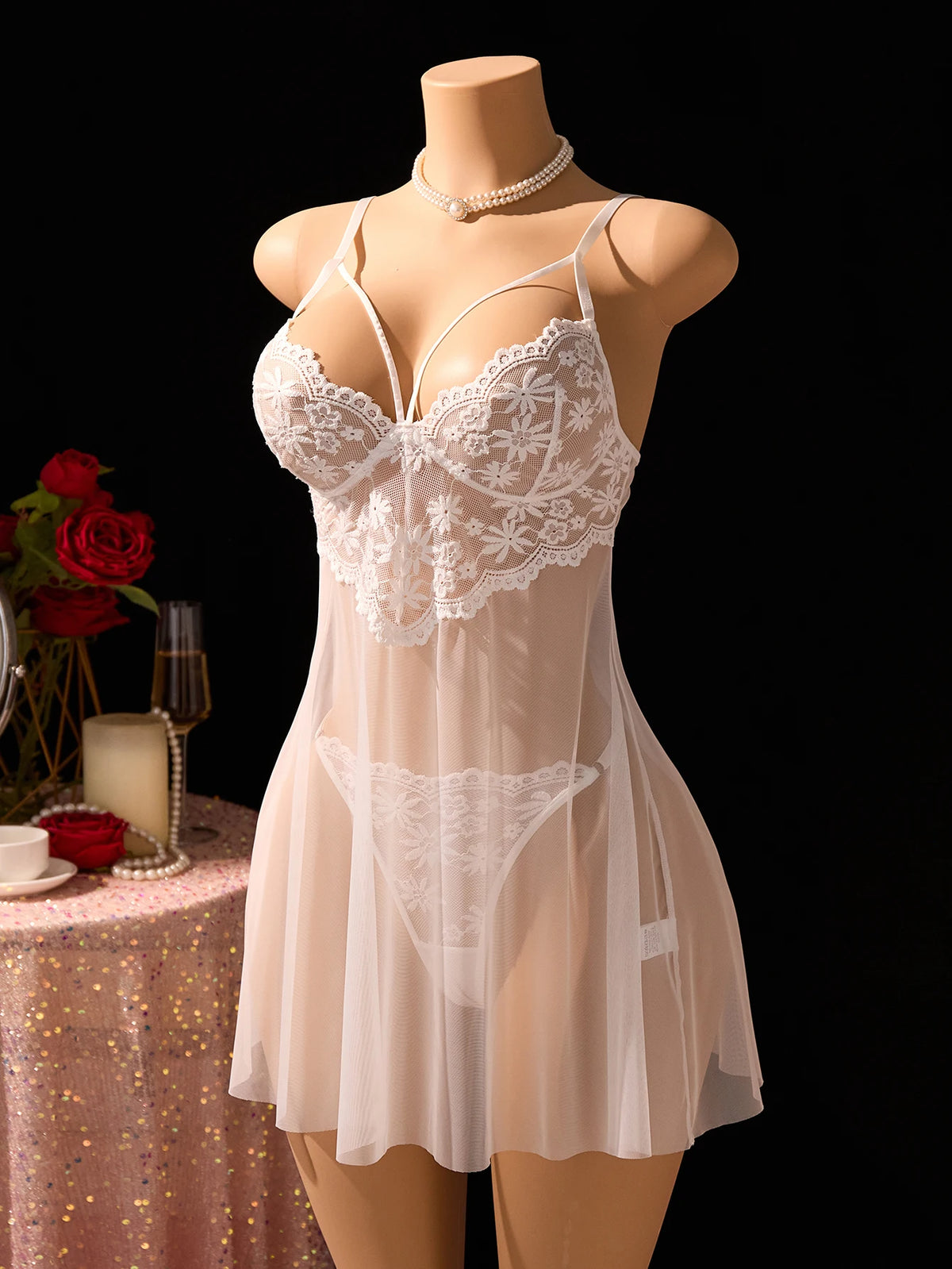 White Daisy Floral Lace Nightgown Set