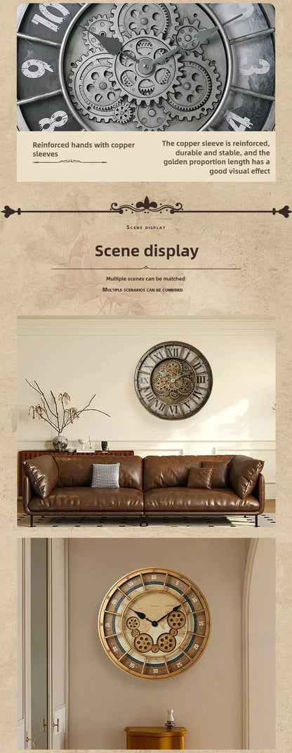 46cm Real Moving Gears Wall Clock Large Industrial Steam Punk Roman Numeral Wall Clock Living Room Home Decoration Quartz Clock