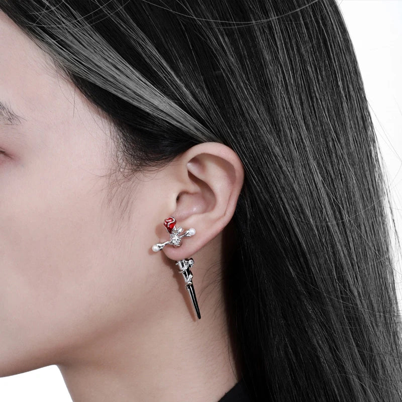 Gothic Red Rose Flower Cross Piercing Earrings Harajuku Kpop Dark Thorn Rose Stud Earring Grunge Girl Cross Sword Jewelry Party