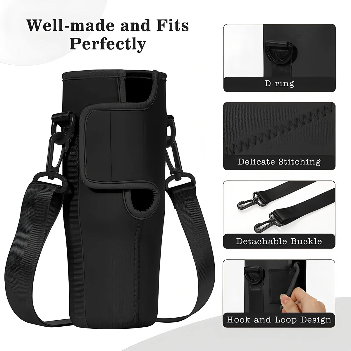 Large 40oz Insulated Leak Proof Water Bottle Carrier Bag Pouch Cover Holder Adjustable Strap for Thermos Outdoor Hiking Gym