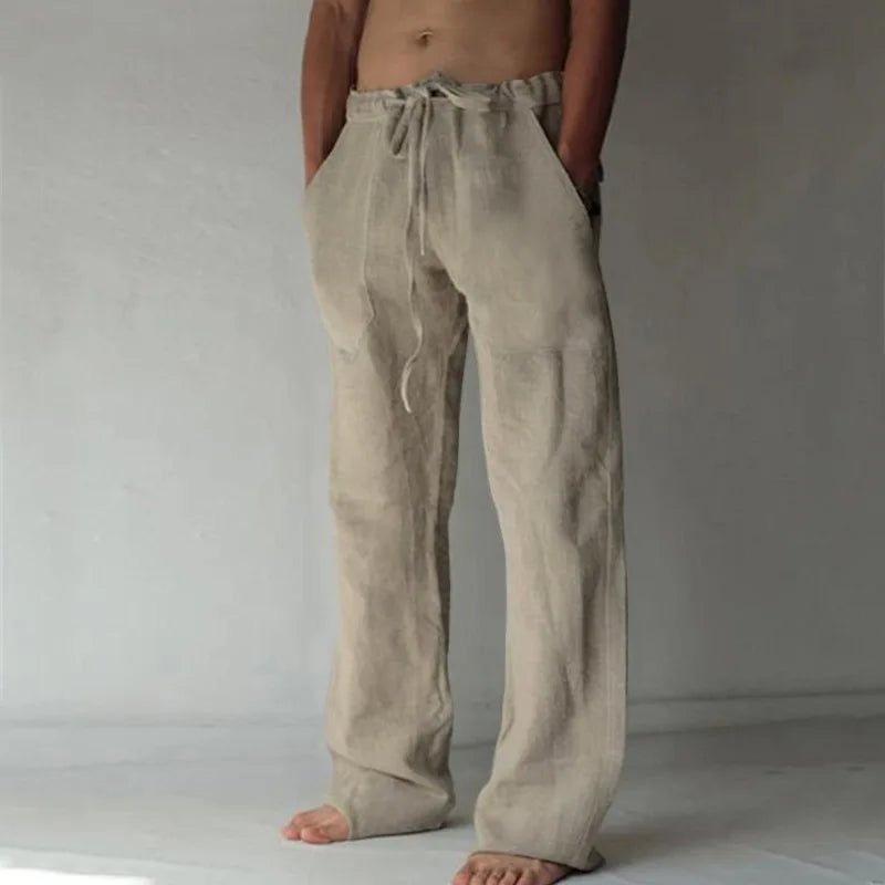 Men's Casual Pants Daily Wear Solid Summer Full Length Soft Linen Pants Mid Waist Pocket Drawstring Trousers Streetwear Bottoms