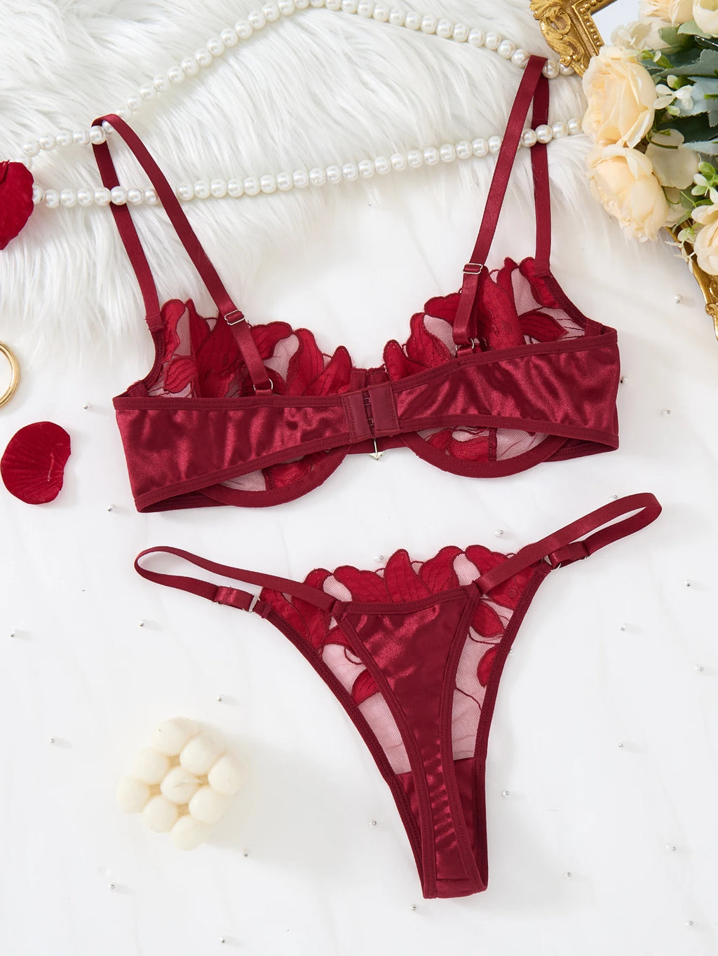 Wine Red Floral Embroidered Bra & Thong Set