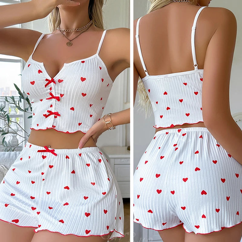 Sleepwear Women Pajamas Set Heart Print Soft Ribbed Fabric with Flirty Frill Trim Casual Cami Top and Shorts Sets Loungewear New