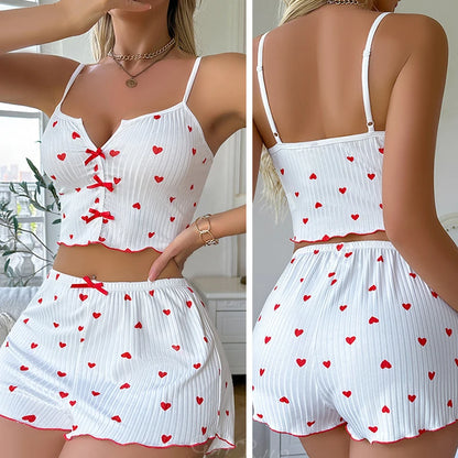 Sleepwear Women Pajamas Set Heart Print Soft Ribbed Fabric with Flirty Frill Trim Casual Cami Top and Shorts Sets Loungewear New