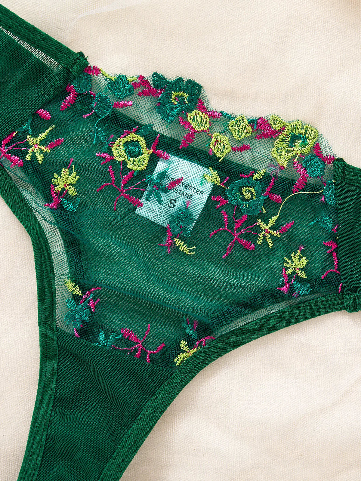 Green Floral Embroidered Bra & Thong Set
