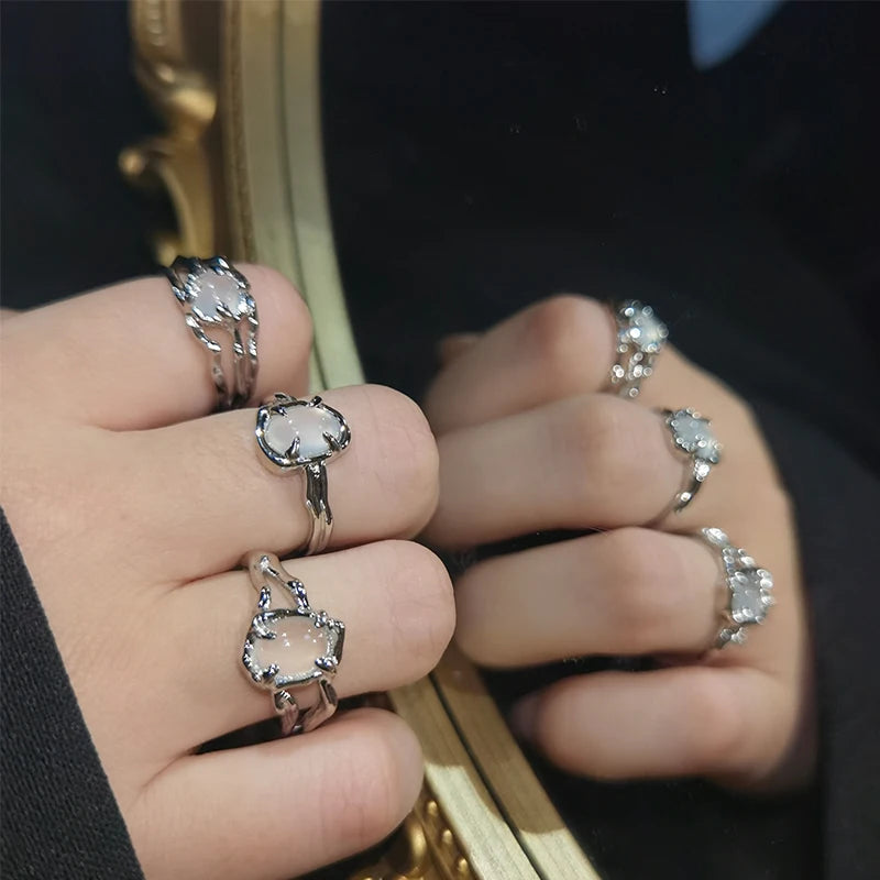 Irregular Cross Star Opal Rings Y2K Natural Stone Star Ring for Women Men Couple Rings Moonstone Zircon Ring Unisex Jewelry 2024