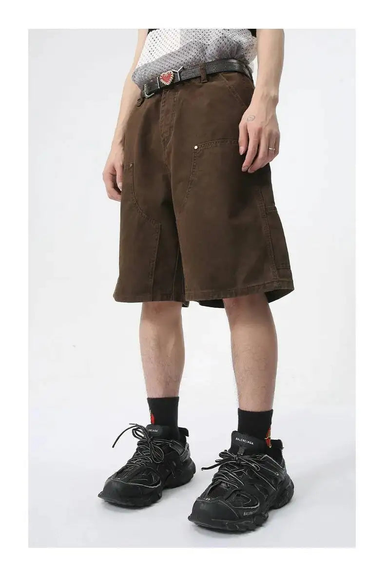 IEFB Men's Wear Knee Length Denim Shorts Summer New Multi Pocket Loose Jeans Solid Color Japanese Style Male Overalls 9C6027