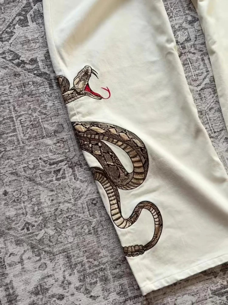 Streetwear Retro Snake Jeans Boa Embroidery Graphic Python Print Pocket Denim Pants Y2K Trend Unisex Baggy Straight Leg Pants