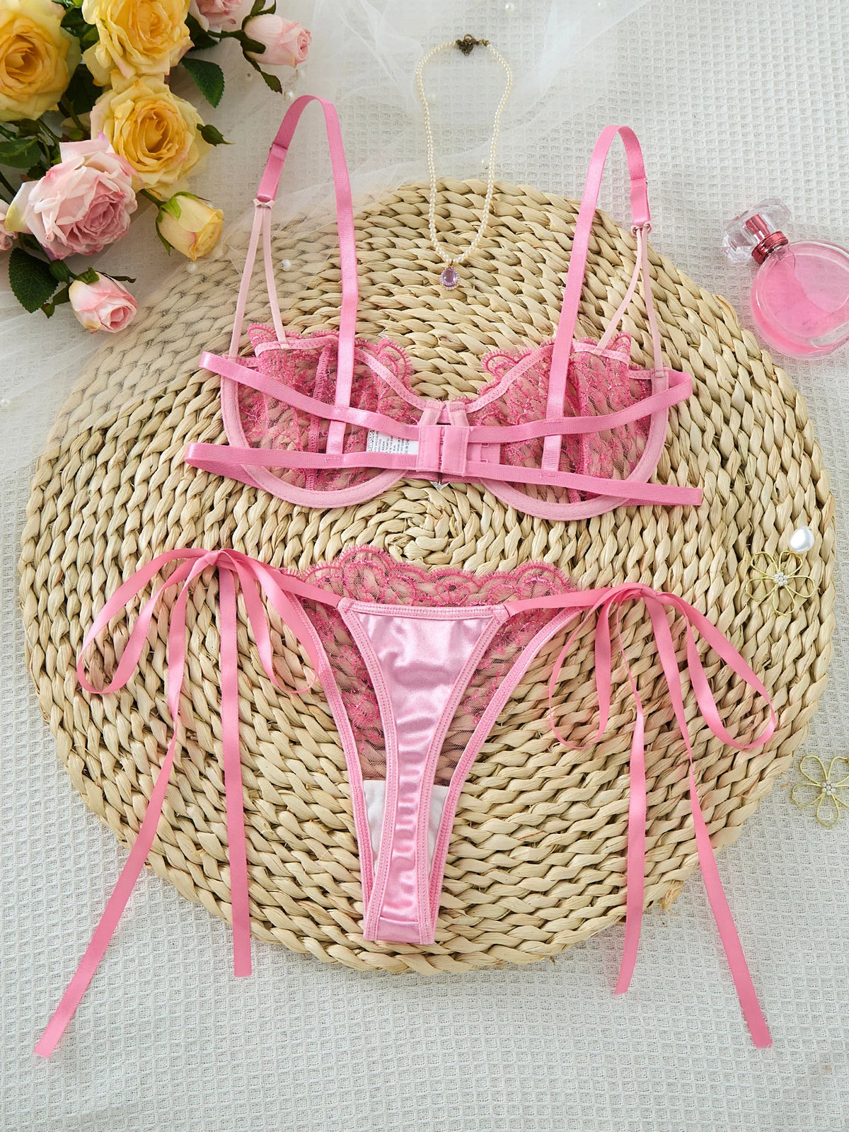 Pink Floral Embroidered Bra & Tie-Side Thong Set