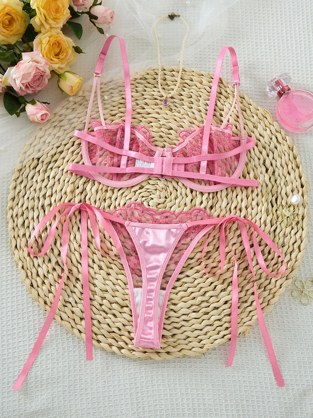 Pink Floral Embroidered Bra & Tie-Side Thong Set