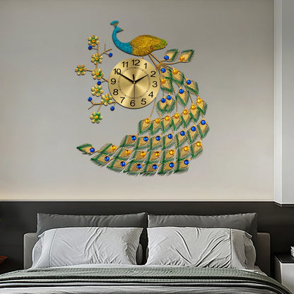75x65cm Wall Clock, Home Decorative Clock, Peacock Design Iron Acrylic Aluminum Durable Elegant Symbol for Living Room Bedroom Kitchen Entryway