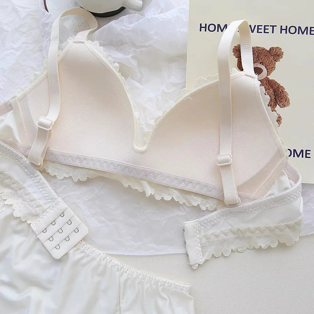 Sexy Lace Bra Set Teenage Thin Section Underwear Female Satin Lace Sweet Pure Desire Gathered Anti-Sagging Triangle Cup Bra