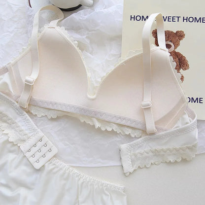 Sexy Lace Bra Set Teenage Thin Section Underwear Female Satin Lace Sweet Pure Desire Gathered Anti-Sagging Triangle Cup Bra