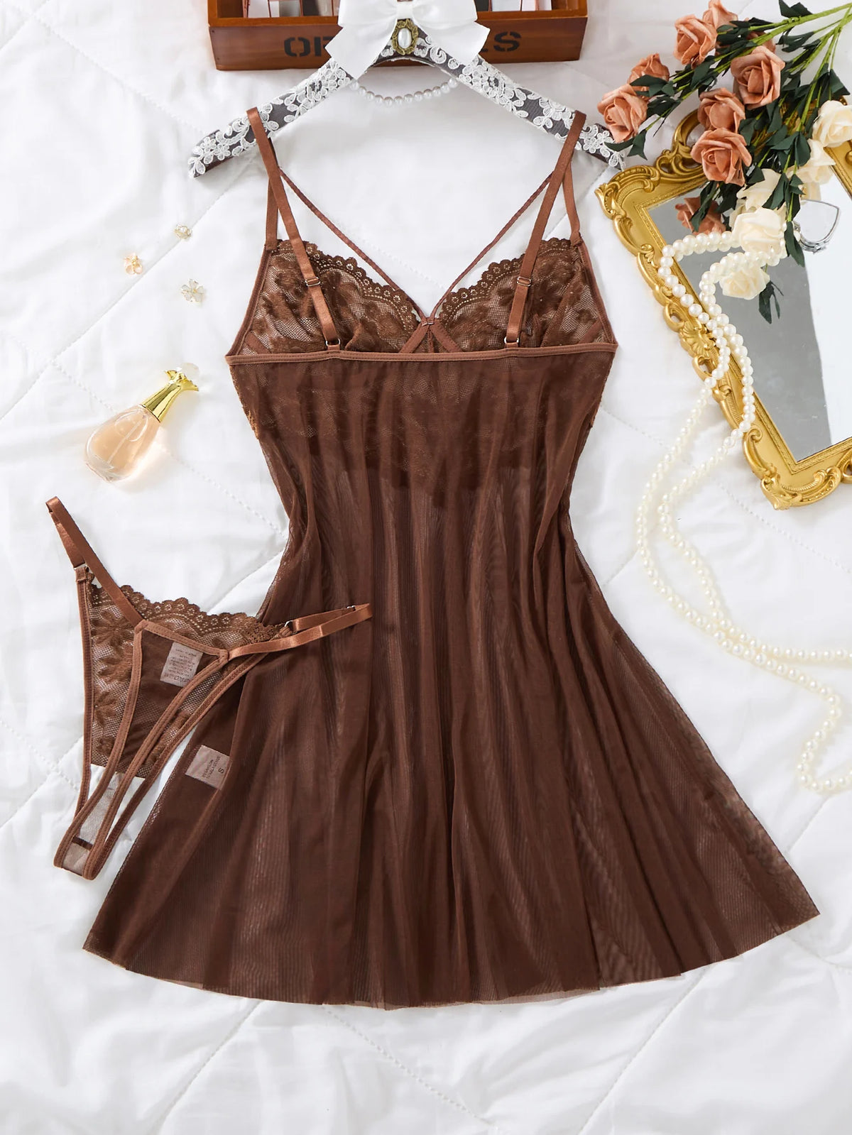 Coffee Floral Lace Nightgown Set