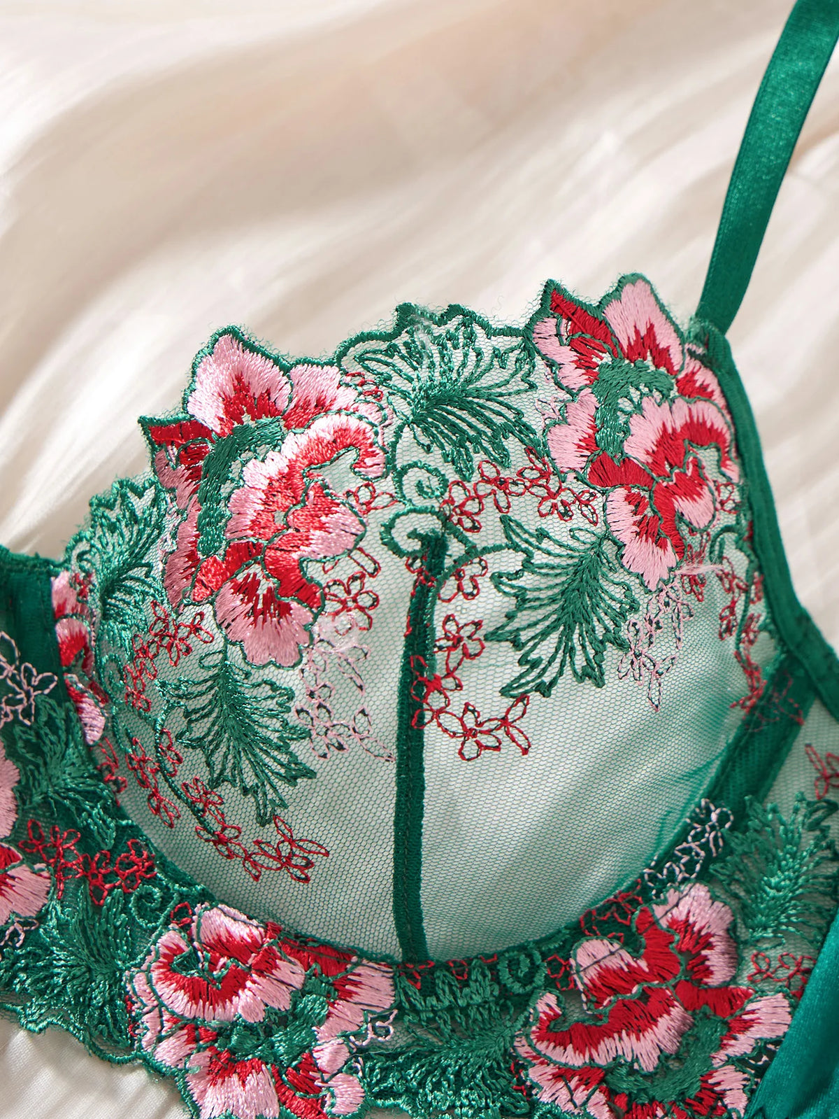 Green Floral Embroidered Satin Bra & Thong Set