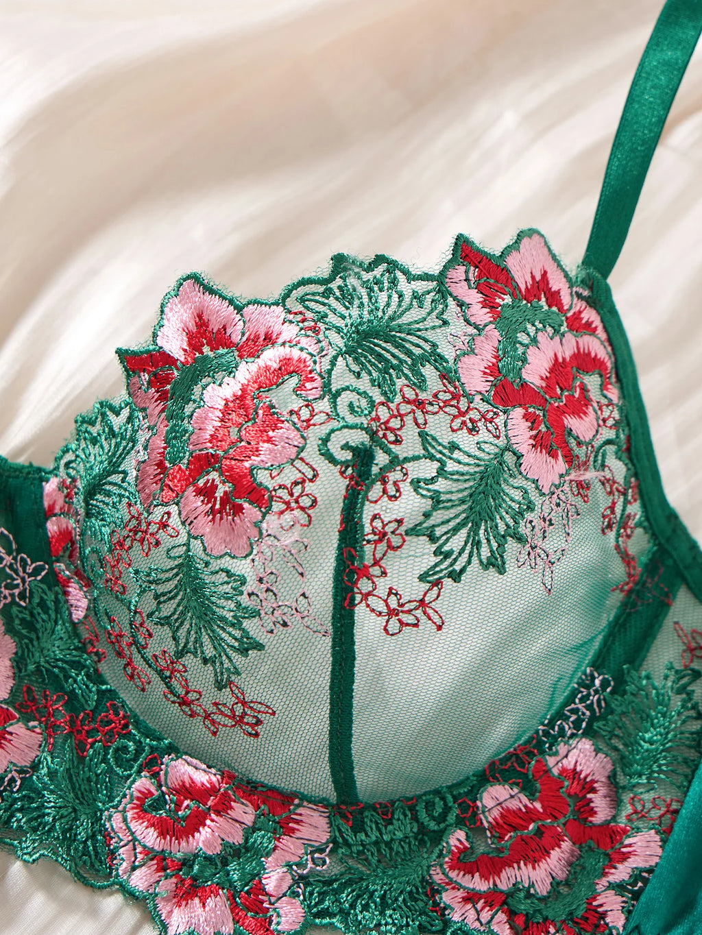 Green Floral Embroidered Satin Bra & Thong Set