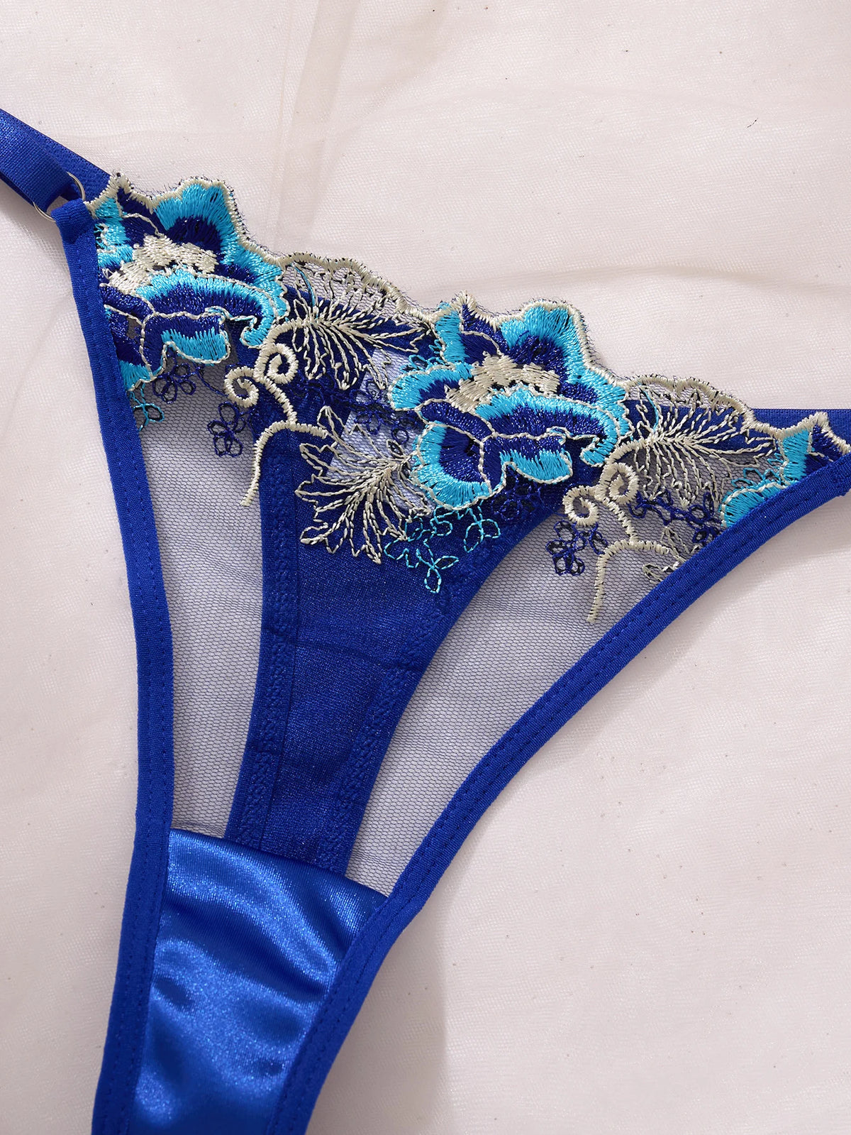 Blue Floral Embroidered Bra & Panty Set