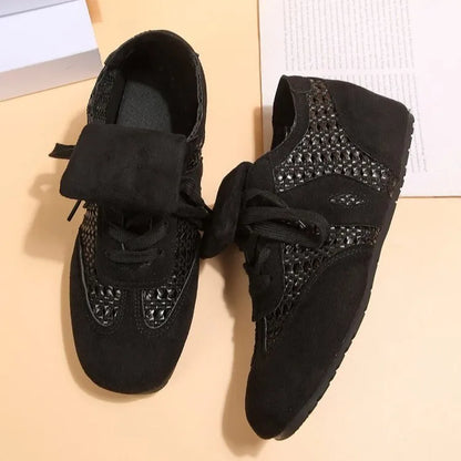 Women'sVintage Layered Hollow Breathable Soft-Soled German Training Shoes,Flat Lace-Up Sports Casual Shoes,Adidas-Style Sneakers