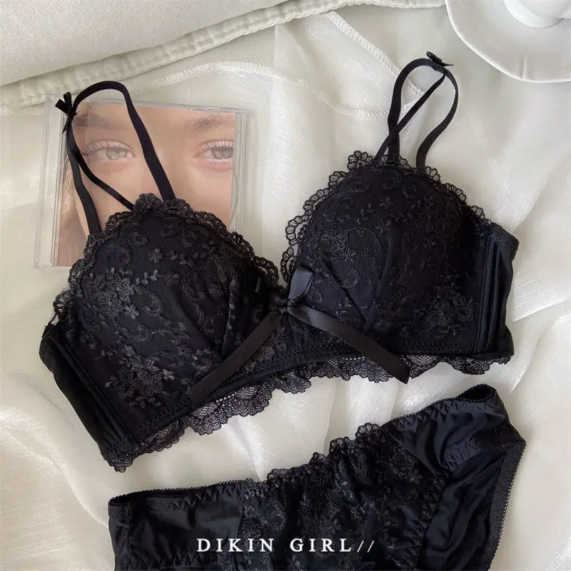 Women's Embroidered Lace Wireless Bra Set