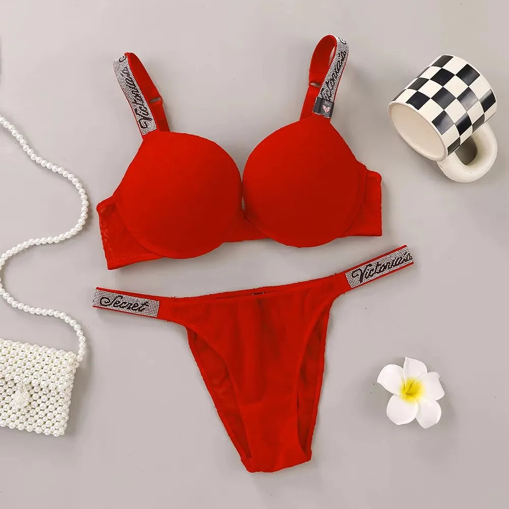 Victoria Secret Hot Sexy Lingerie Set Very Sexy Logo Shine Strap Embossed Lace Push Up Bra Shine Script Thong Panty