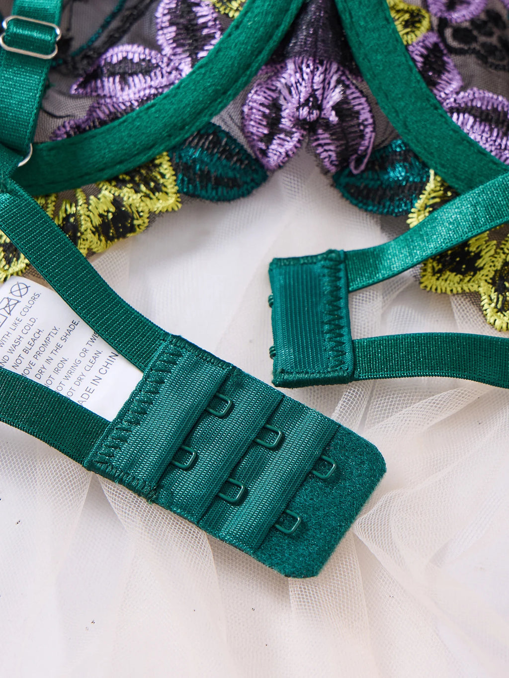 Green Multicolor Floral Embroidered Bra & Thong Set