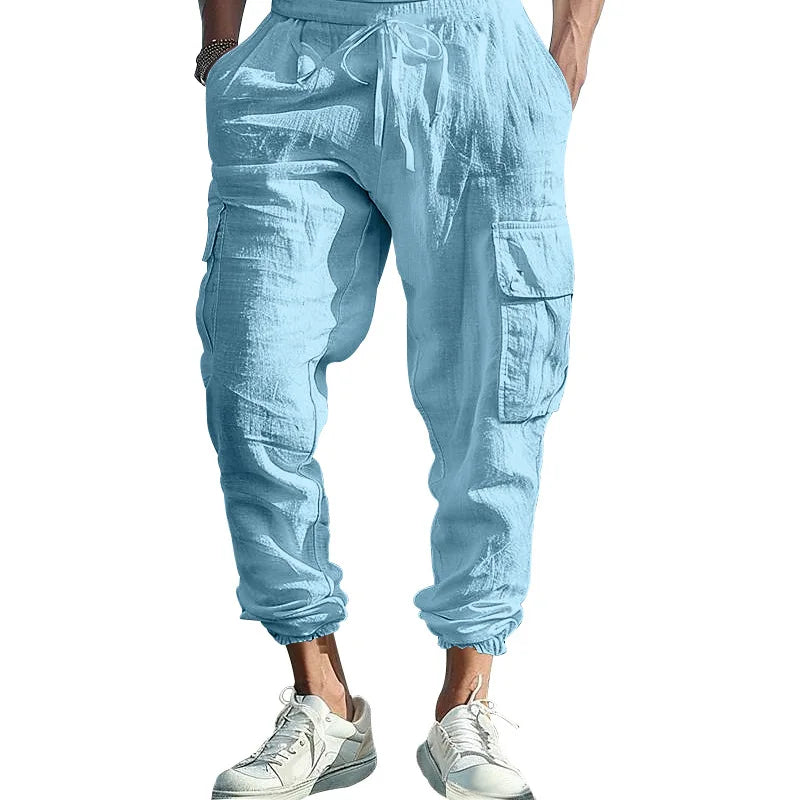 Amazon Cross-Border Cotton and Linen Tied Feet Multi-Pocket Tether Solid Color Loose Drawstring Trousers