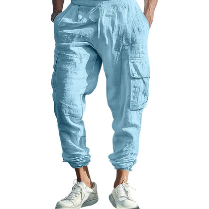 Amazon Cross-Border Cotton and Linen Tied Feet Multi-Pocket Tether Solid Color Loose Drawstring Trousers