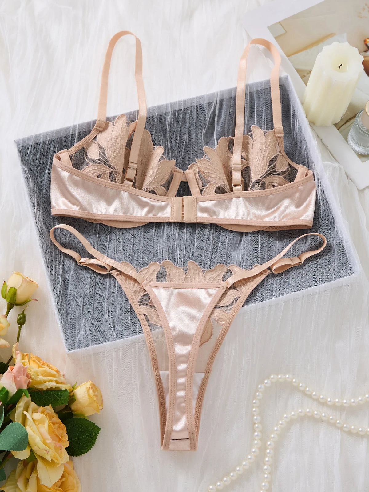 Champagne Floral Embroidered Bra & Thong Set