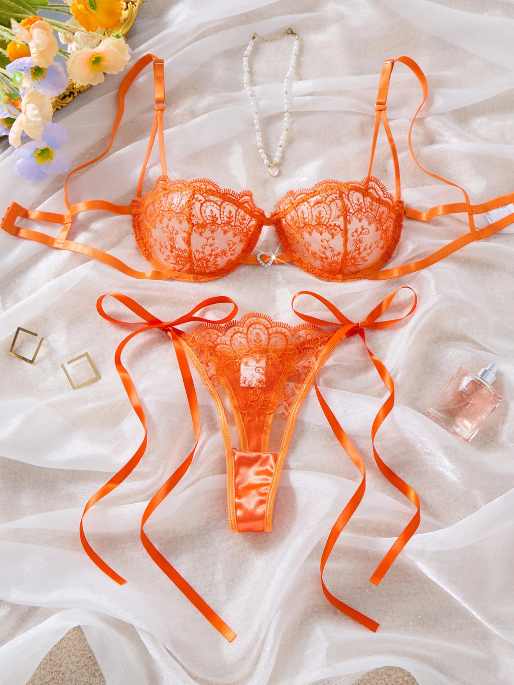 Orange Floral Embroidered Bra & Tie-Side Thong Set