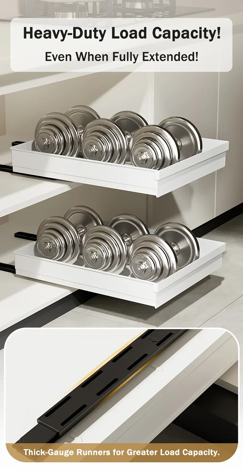 No-Drill Magic Tray Heavy-duty slide-out organizer for cabinets/sinks. Easy install, huge space saver! Perfect for tiny homes