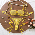 Yellow Floral Embroidered Bra & Tie-Side Thong Set