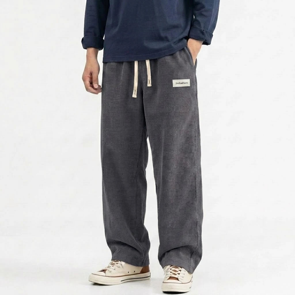 Men's Solid Corduroy Baggy Pants Casual Loose Straight Leg Trousers Elastic Waist Drawstring Streetwear Male Autumn Bottoms Man