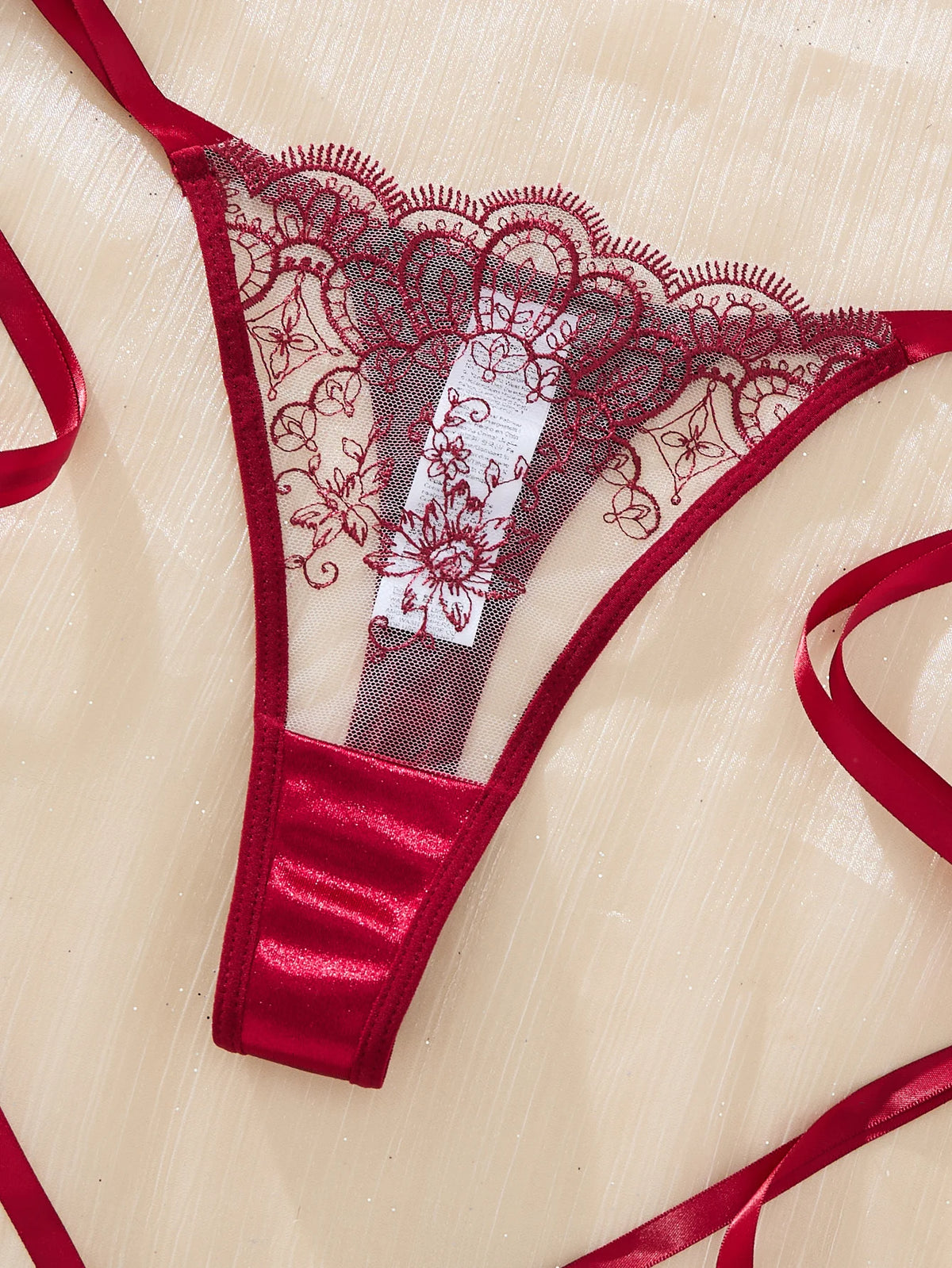 Wine Red Floral Embroidered Bra & Tie-Side Thong Set