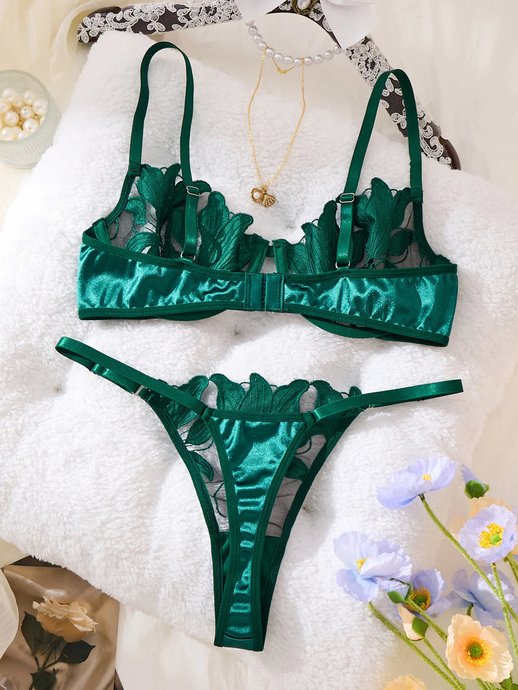 Green Floral Embroidered Bra & Brief Set