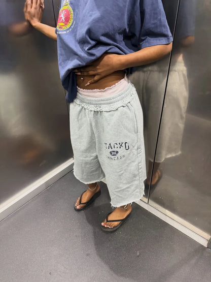 Streetwear Retro Pilot Sweatshorts Grey Crest Graphic Woven Label Frayed Long Shorts Y2K Swag Hip Hop Terry Unisex Baggy Shorts